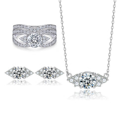 925 Silver Zircon Earrings V Stack Ring Wide Band Diamond Necklace