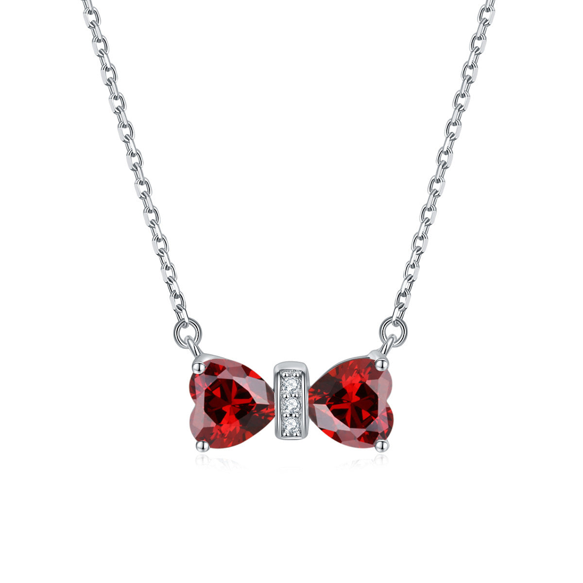 S925 Silver Double Heart Crystal Bow Necklace