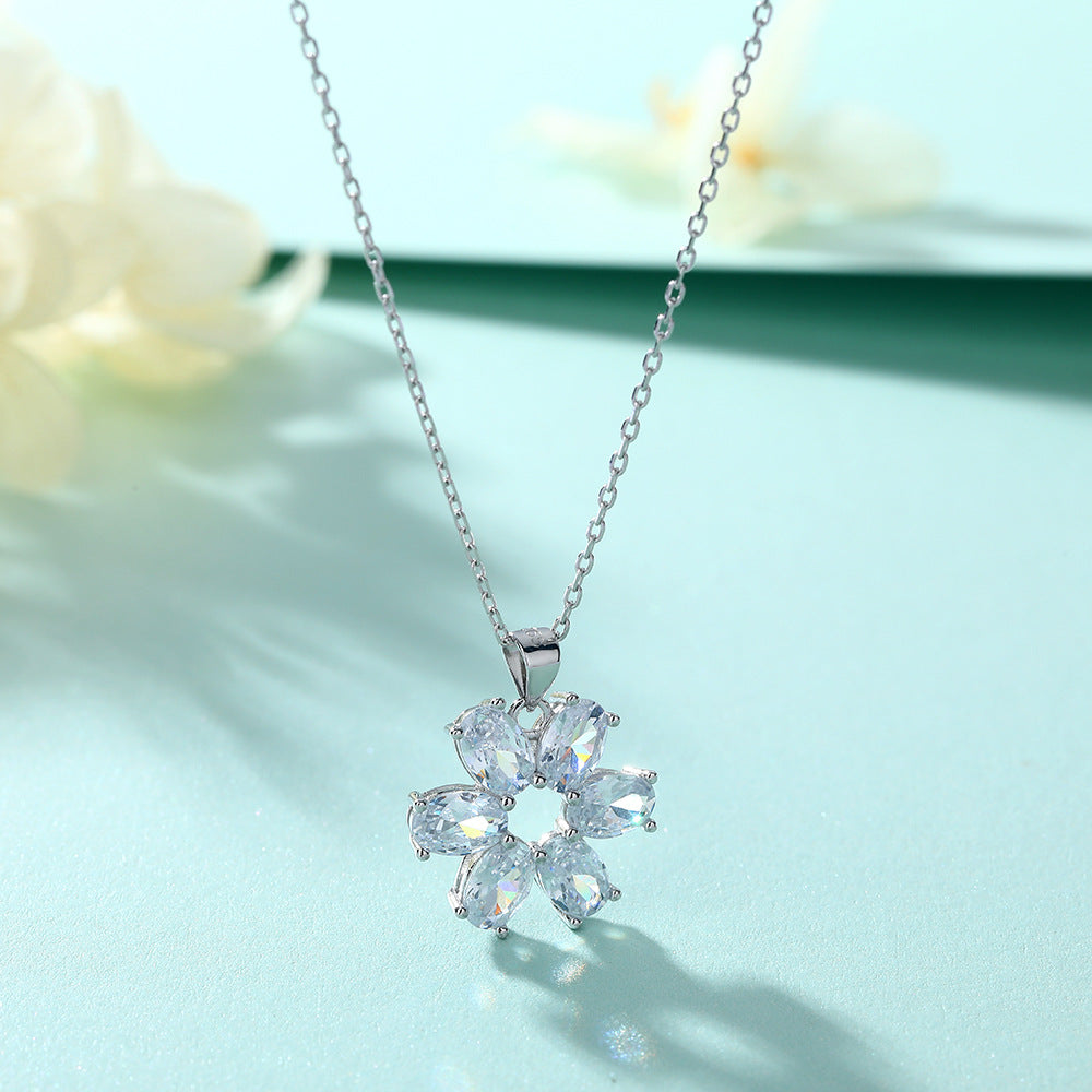 S925 Silver Floral Oval Zircon Necklace