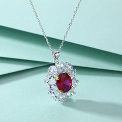 S925 Silver Red Zircon Flower Necklace