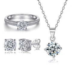 925 Silver Row Prong Ring Necklace Earrings Jewelry Set