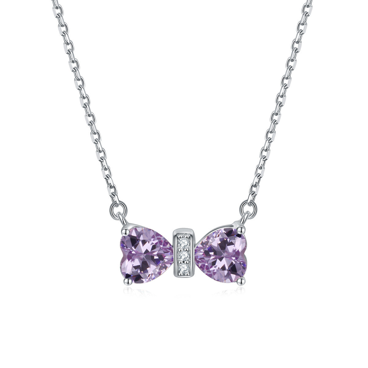 S925 Silver Double Heart Crystal Bow Necklace