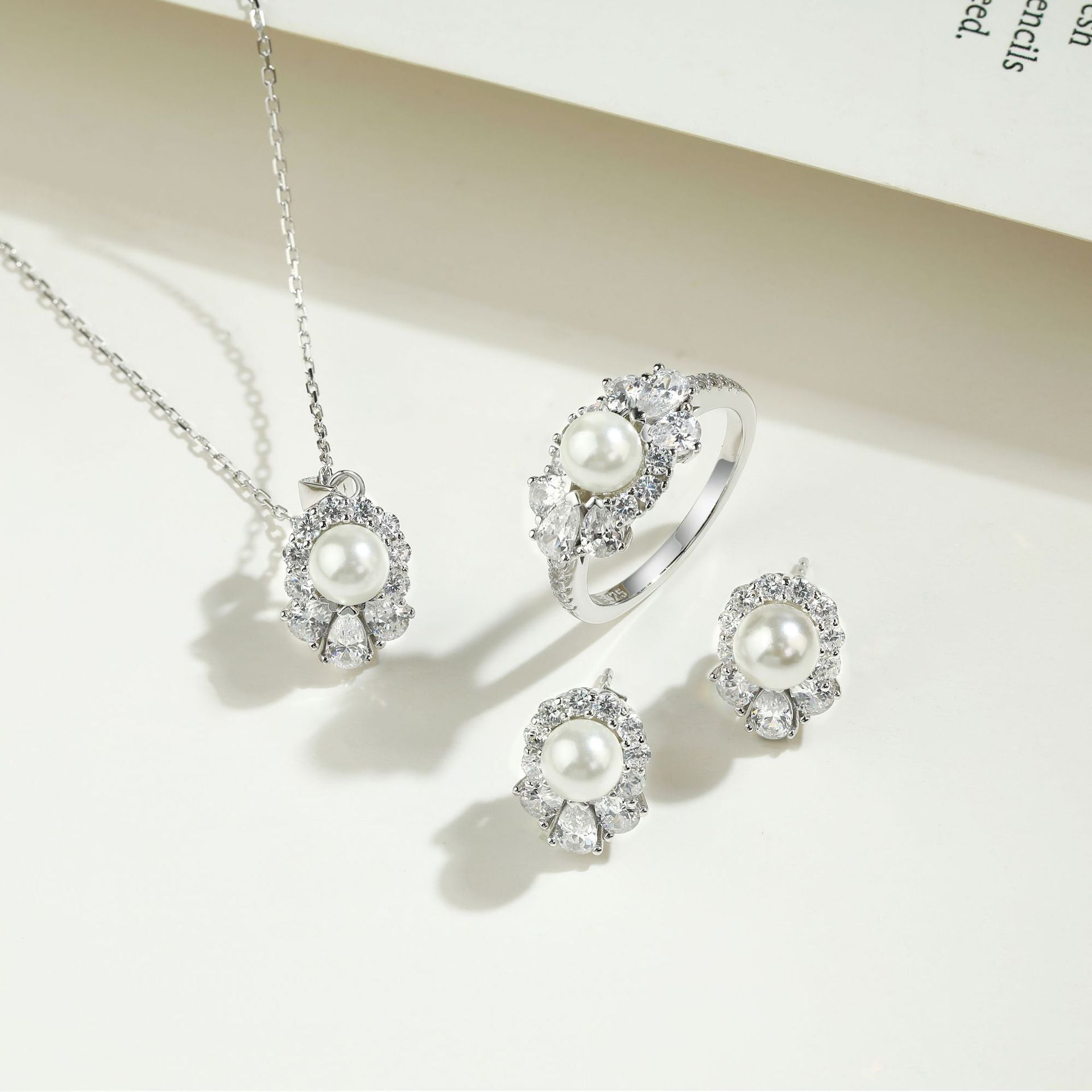925 Silver Pearl Ring Zircon Earrings Shell Necklace