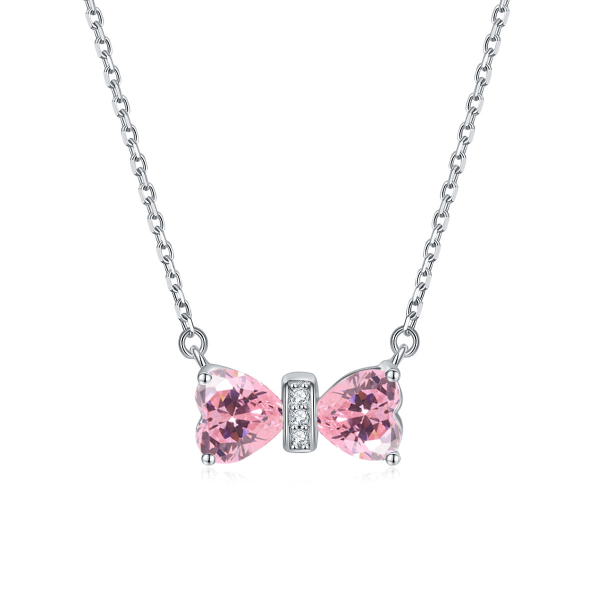 S925 Silver Double Heart Crystal Bow Necklace