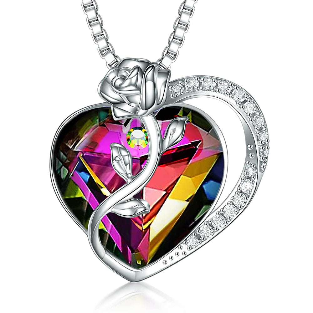 S925 Silver Rose Ruby Heart Necklace