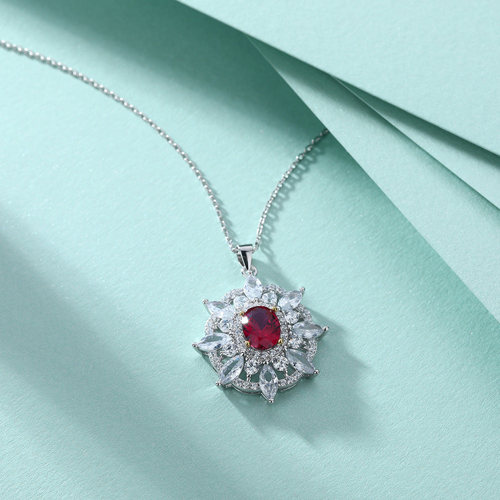 S925 Silver Ruby Sunflower Star Necklace
