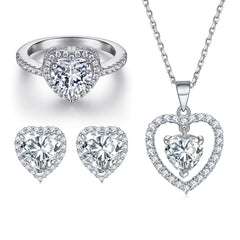 925 Silver Double Heart Ring Love Necklace Earrings