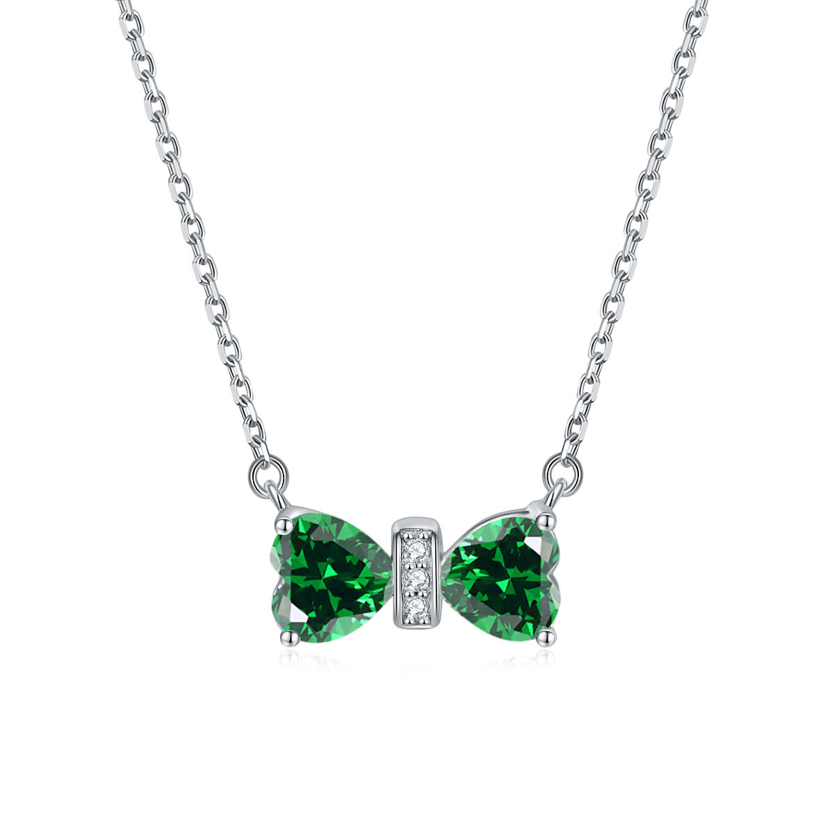 S925 Silver Double Heart Crystal Bow Necklace