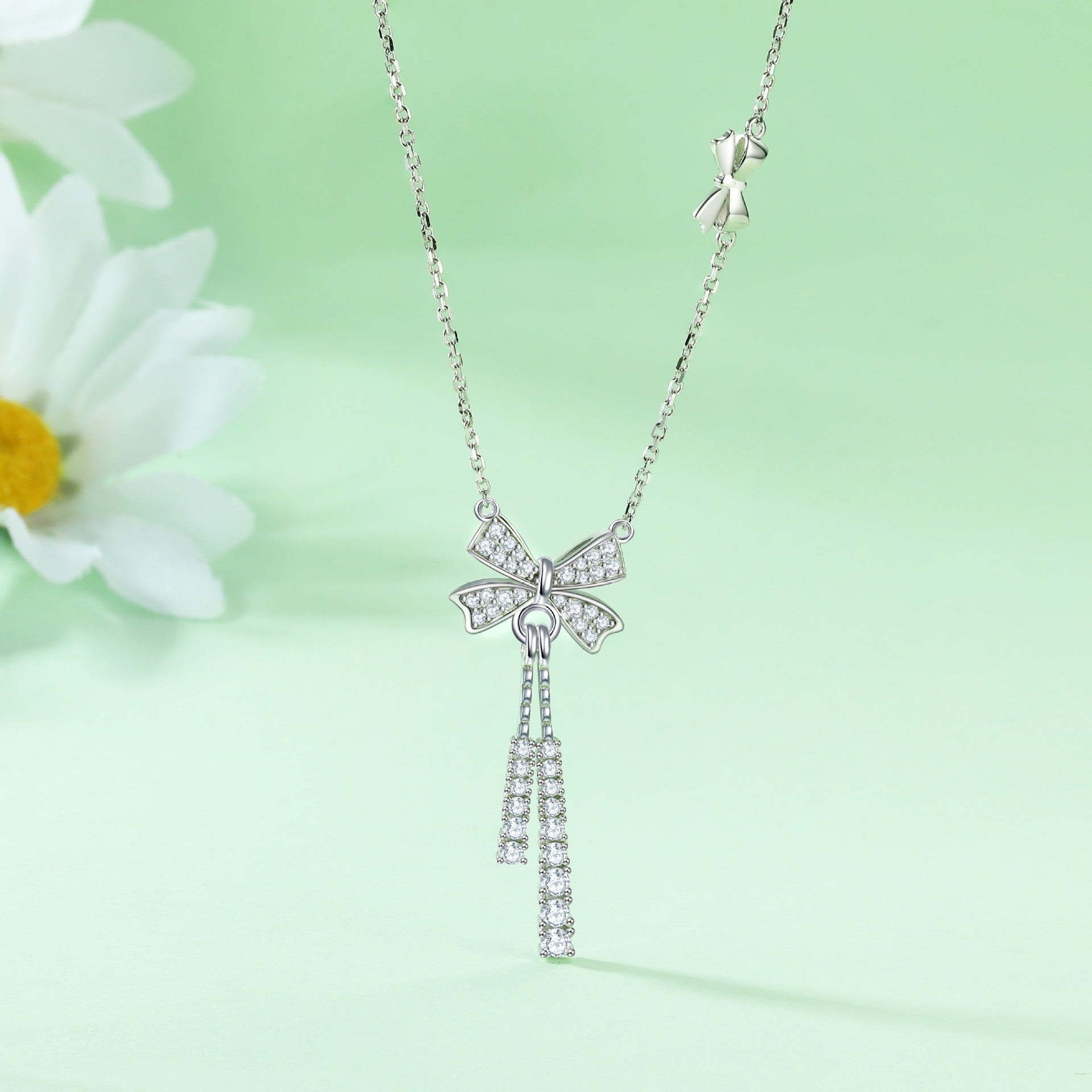 S925 Silver Moving Bow Tassel Necklace