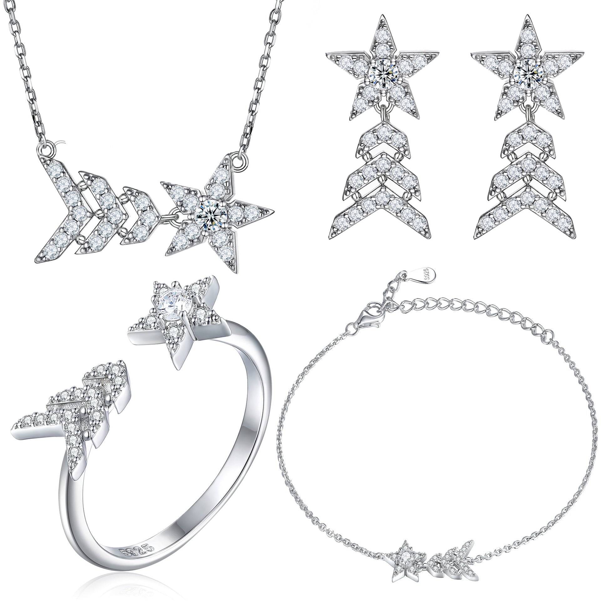 925 Silver Open Ring Tassel Earrings Star Necklace Set