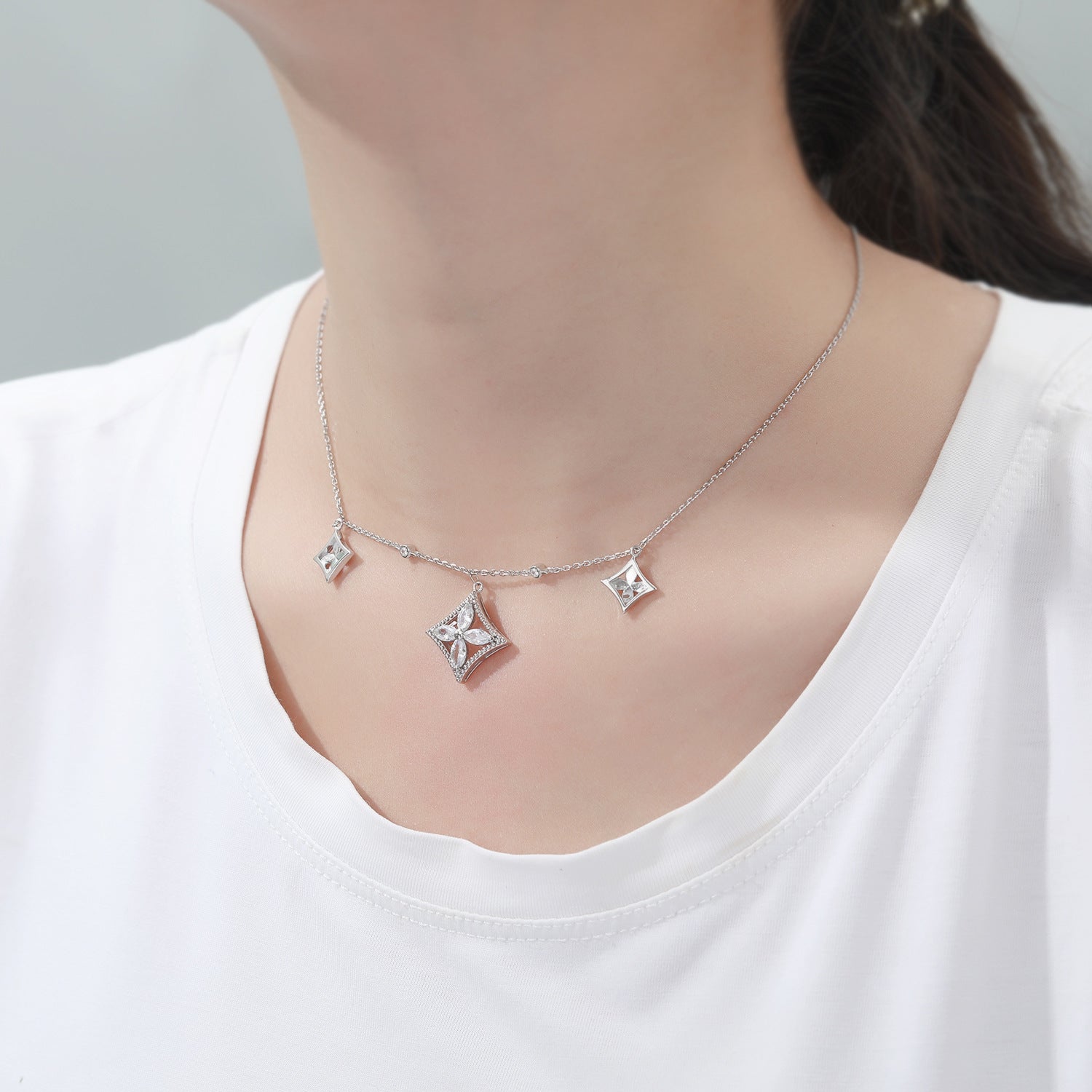 S925 Silver Square Clover Necklace