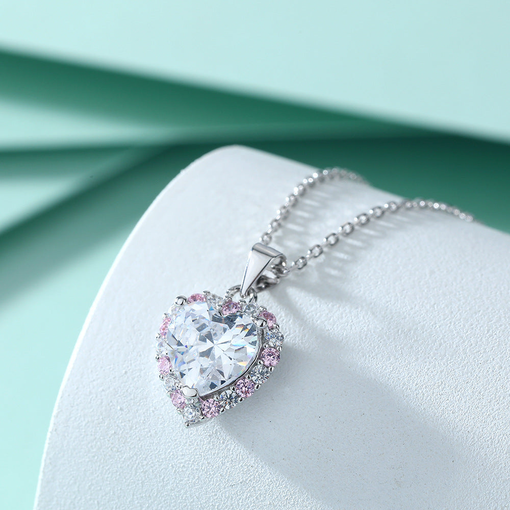 925 Silver Heart Ring Pink Zircon Earrings Necklace Set