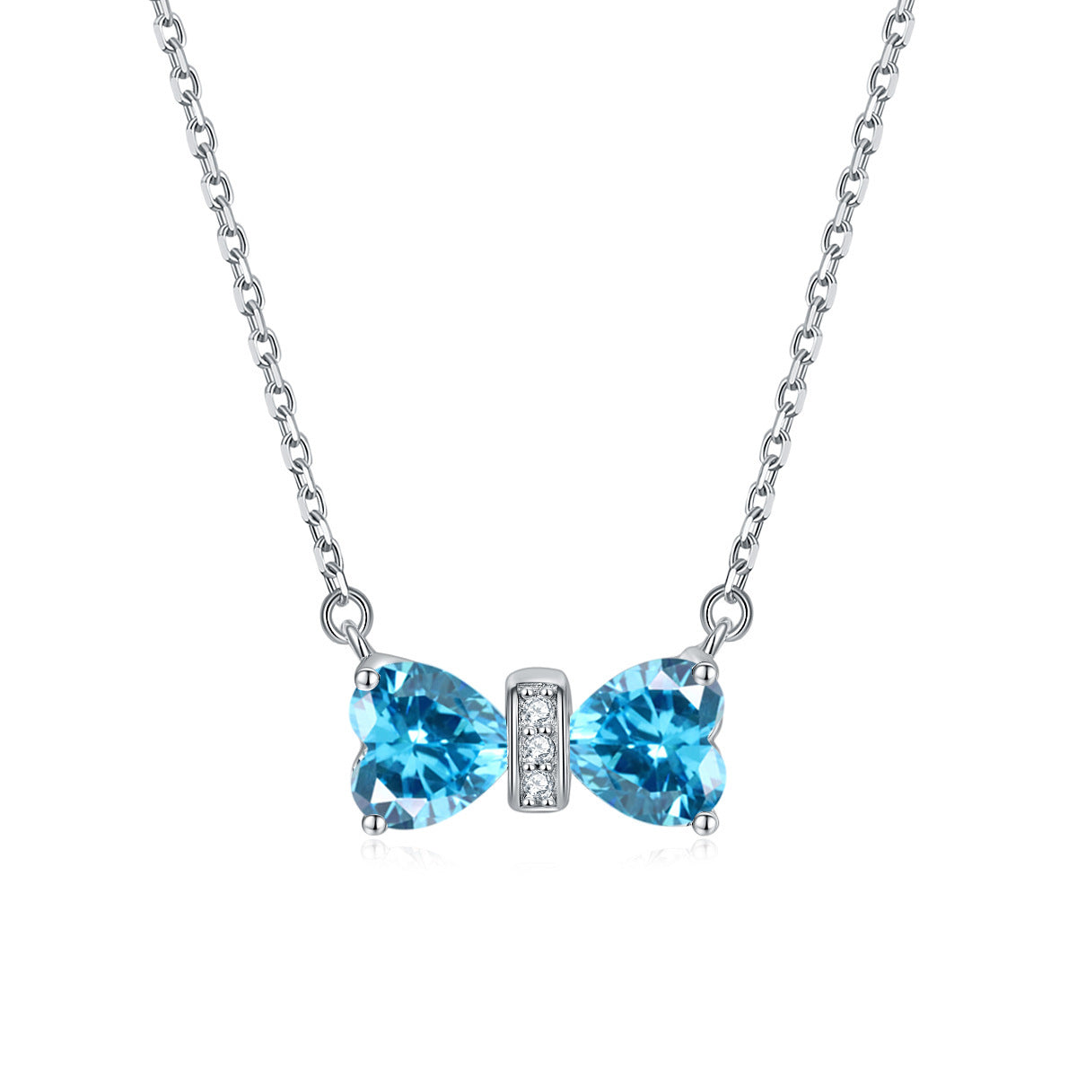 S925 Silver Double Heart Crystal Bow Necklace